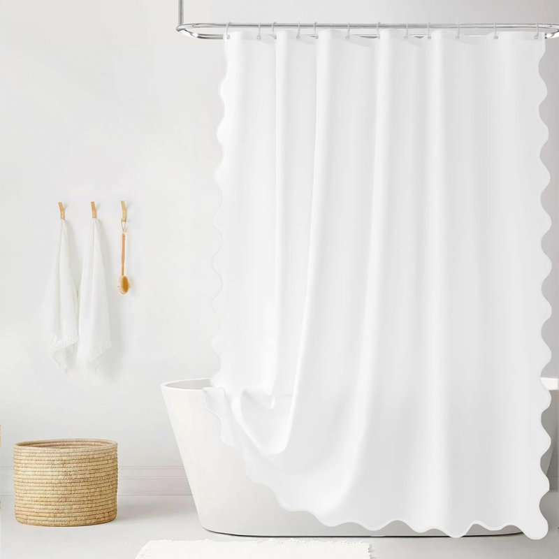 White Scalloped Fabric Polyester Shower Curtain 183 x 183 cm
