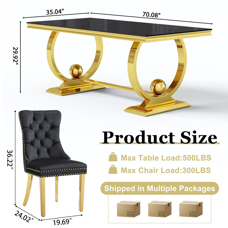 70" Glass Dining Table Set Of 7, Double U-Shaped Polished Stainless Steel Base, 10Mm Thick Tempered Glass Top And Velvet Upholstered Nailhead Chairs