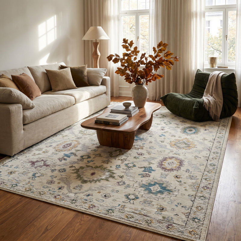 Rug Branch Darya 4' x 6' (3'11" x 5'7") Beige/Cream Oriental Indoor Area Rug, Contemporary, Medium Pile, Stain-Resistant Carpet - Living Room, Bedroom, Dining Room, and Kitchen