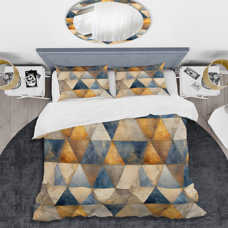 Natural Tones Grey And Beige Mosaic Geometric Shapes Duvet Cover, King Duvet Cover + 2 King Shams, Geometric Shapes 7