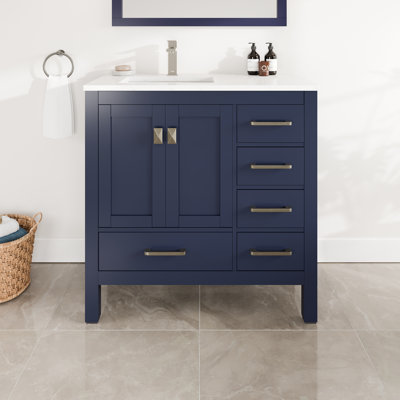 London 36 In. Blue Single Sink Bath Vanity With Carrara Quartz Top And Undermount Porcelain Sink