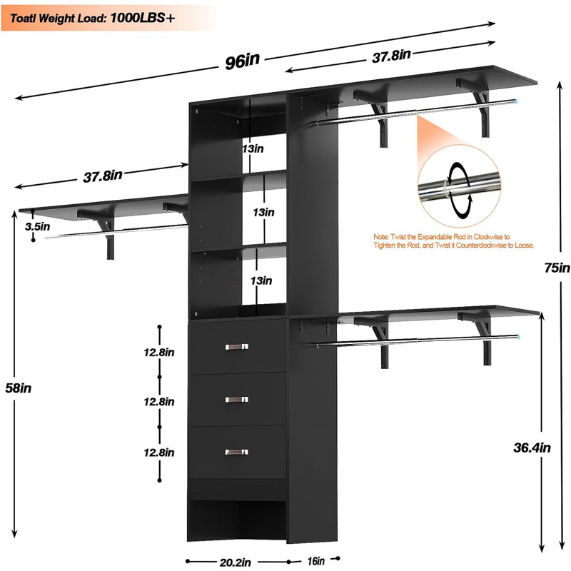 Abbigael 20.2''-  96‘’ W Closet System with 3 Wooden Drawers and 3 Shelving Towers, Black