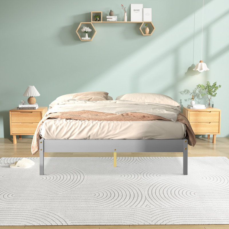 Solid Wood Modern Platform Bed Frame, Grey, Full / Double