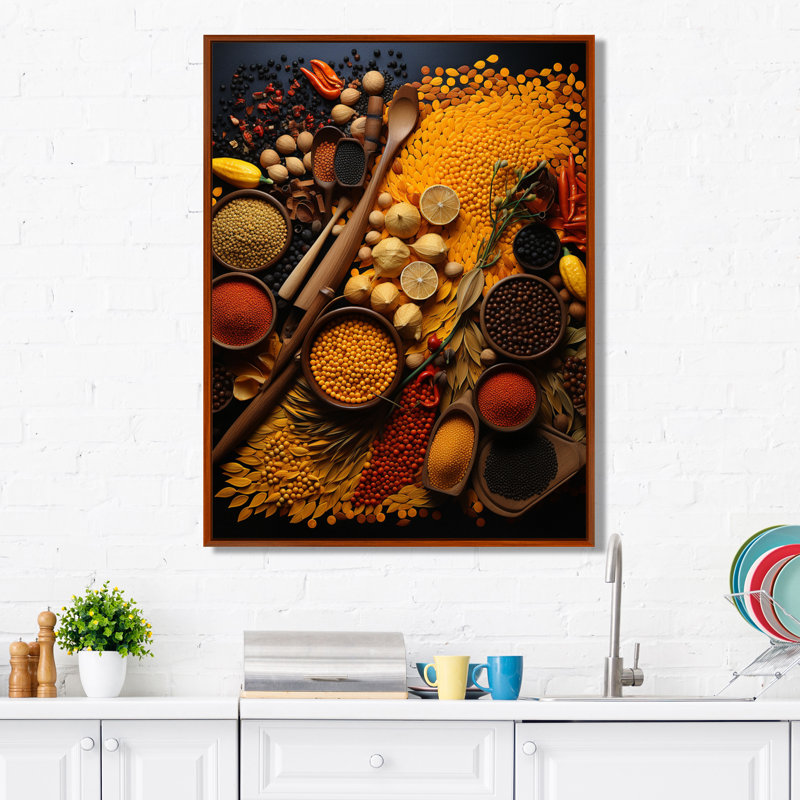 Oriental Spices Food V - Épices, art mural, H 40 po x l 30 po x P 1,5 po, Cadre flottant brun