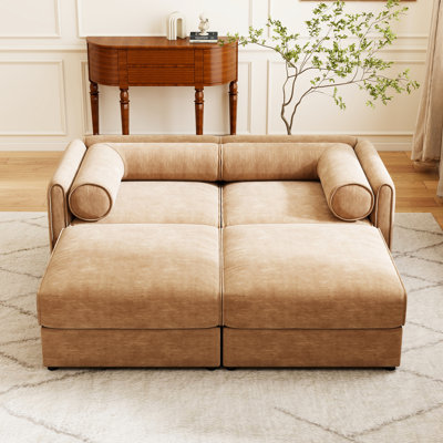 Chenille de luxe à 2 places en chameau de luxe avec rangement, rangement cylindrique et caché, installation sans effort moderne pour un soutien ergonomique, personnalisation modulaire