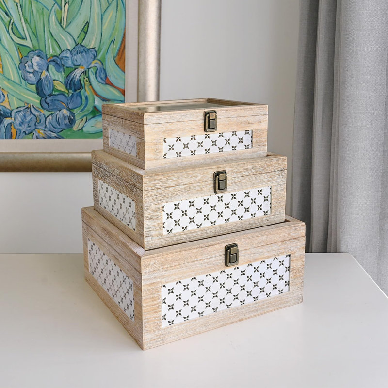 Set of 3 Stackable Wooden Decorative Boxes with Tempered Glass Hinged Lid