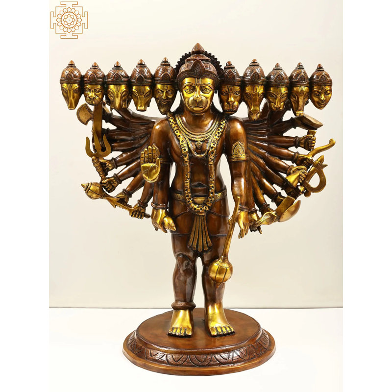 Statue de 29 po Panchamukhi Hanuman debout en laiton - Idole du dieu Hanuman à cinq têtes fabriquée à la main à deux têtes pour le temple et la décoration spirituelle