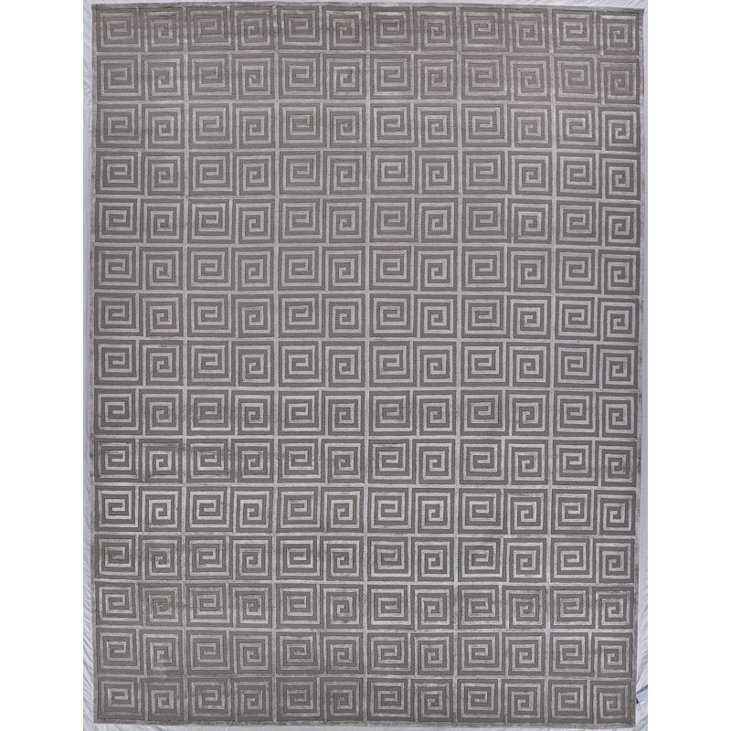Greek Key Geometric Area Rug in Blue, Rectangle 4' x 6', Silver