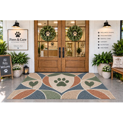 5' x 7' Outdoor Area Rug, Geometric Arches with Paw Print and Hearts Design, Waterproof PVC Coil Loop Carpet, Heavy Duty Quick Dry Mat, for Porch, Deck, Balcony, Pet Clinic