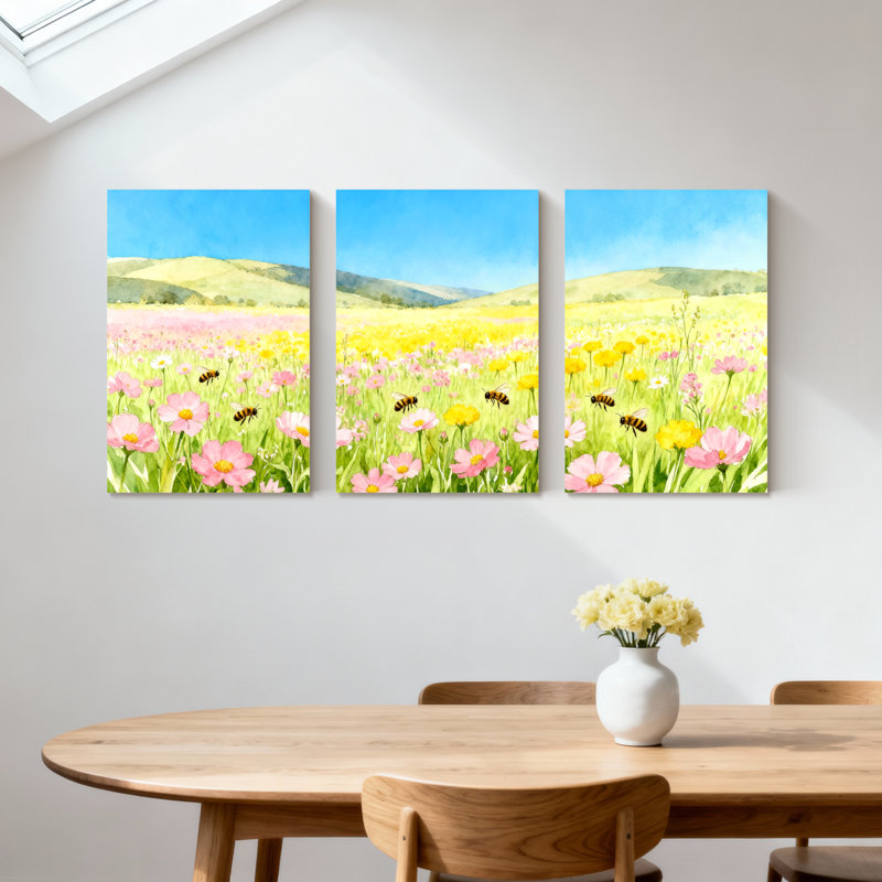 Paysage et nature champ de fleurs avec abeilles et montagnes, ensemble de 3 impressions sur toile, H 18 po x l 36 po