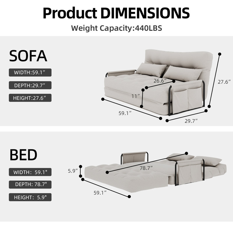 59.1'' Convertible Upholstered Corduroy Sofa Bed Recliner with Side Pocket&Accent Pillows, Beige