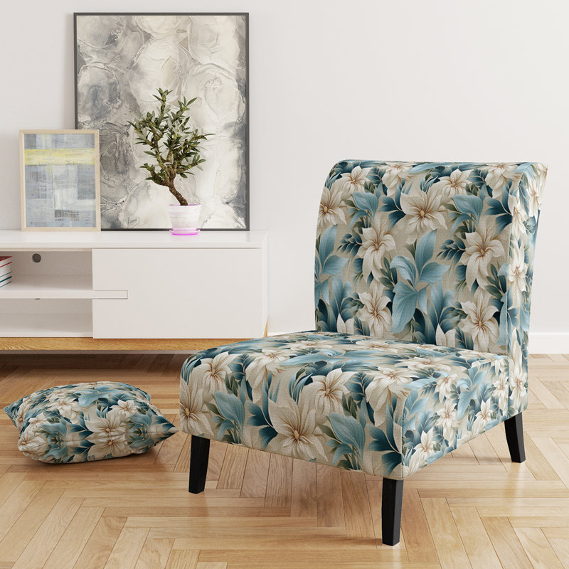 Coastal Symphony Tropical Pattern - Upholstered Coastal Slipper Chair, Tropical Leaves Accent Chair