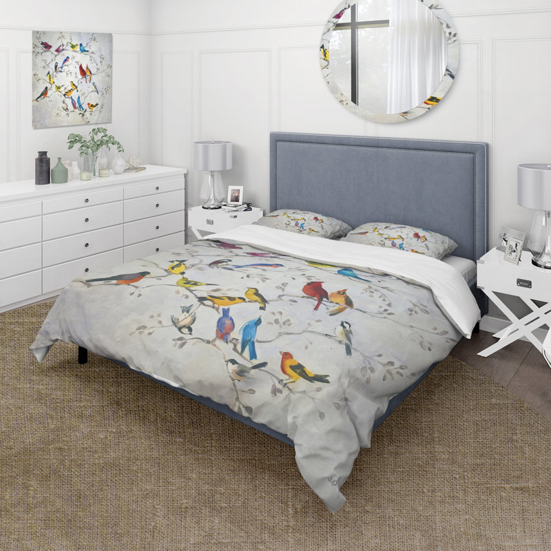 Multi-Color Bird Print Microfiber Full/Queen Duvet Cover Set