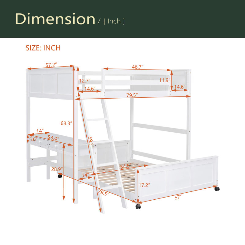 Lit superposé avec bureau, Lit superposé double sur double, Blanc