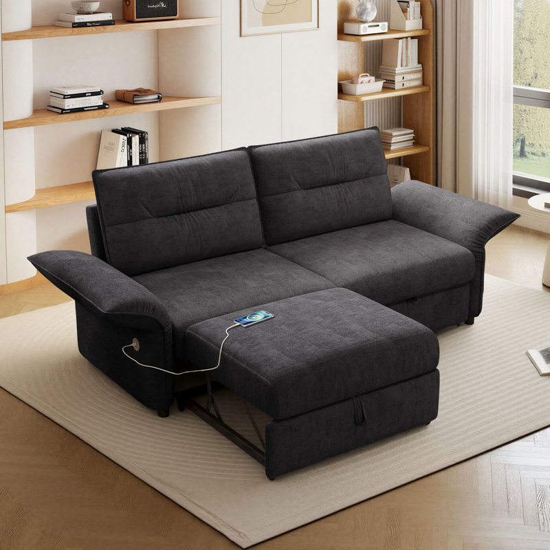 Canapé-lit convertible en flanelle 85 po avec port USB, canapé-lit gigogne 3 en 1, causeuse multifonctionnelle pour salon, gris