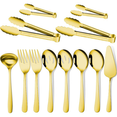 12-Piece Serving Utensil Set, Stainless Steel Buffet Serving Spoons, Forks, Tongs, Ladle & Pie Server For Catering, Parties & Home Dining