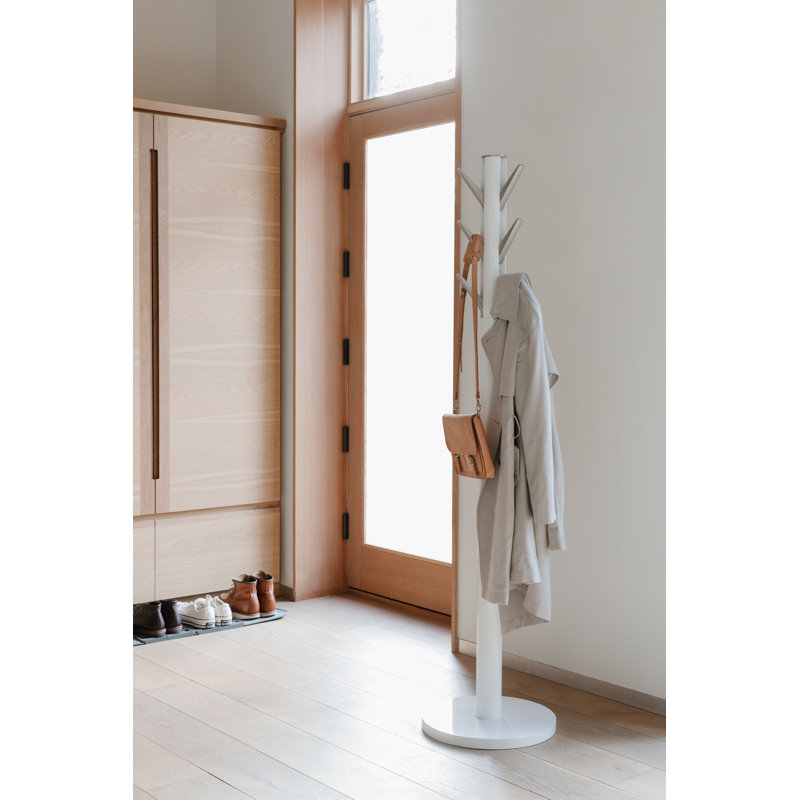 Flapper 9-Hook Freestanding Coat Rack, Solid Wood with Flip-Down Hooks for Entryway, Bedroom, Office, White