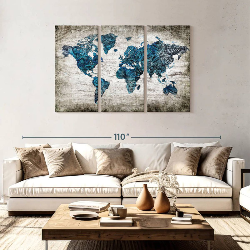 Carte du monde nautique rustique Aliaz, H 48 po x l 74 po