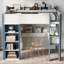 Lit mezzanine en bois pleine grandeur avec tringle à vêtements et tablettes de rangement en blanc et bleu - Finition élégante, multiusage, structure de support de rangement compacte-1818036504