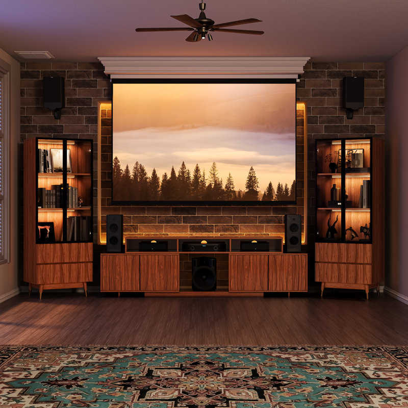 Brown Entertainment Center Living Room Four-piece Set With Relief Panel For 65/70/75/85/100 Inch TV, Mid-century Modern Wood Expandable TV Stand Glass Display Cabinet Coffee Table Set With Drawers And Storages