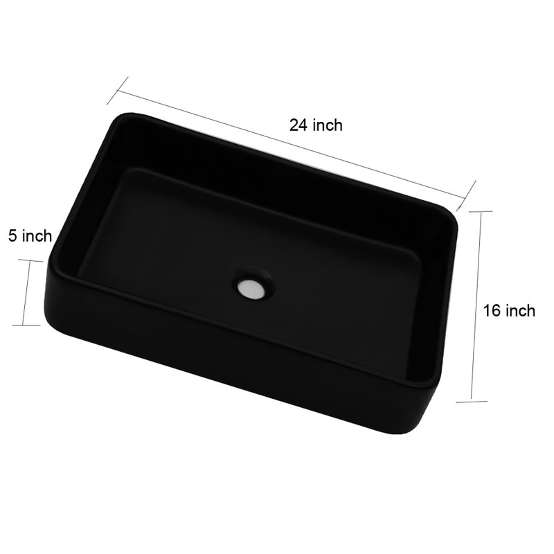 24" Black Ceramic Rectangular Vessel Bathroom Sink