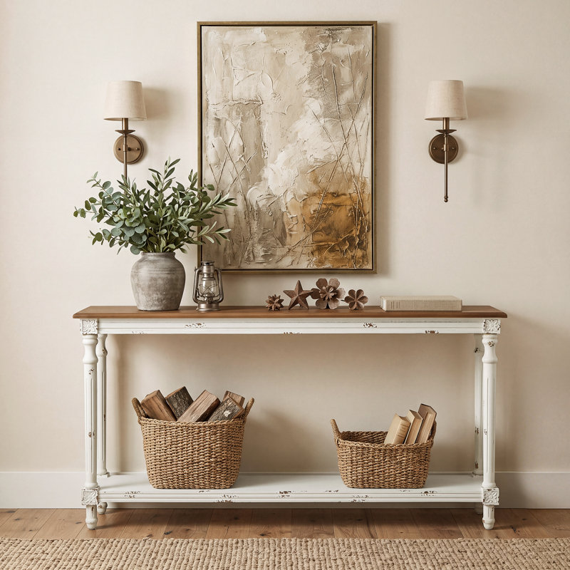 60" W Farmhouse Narrow Console Table, Entryway Table, 2-Tier Sofa Table with Distressed Finish