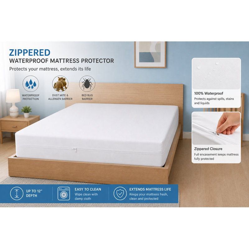 Housse de protection imperméable pour matelas avec fermeture à glissière, Plein