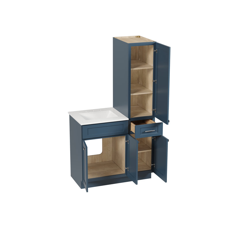 Disar 39'' Single Bathroom Vanity With Right Linen Tall Cabinet Dovetail Solid Wood Drawer Carrara Quartz Top, Blue