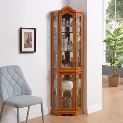 Vitrine d'exposition vitrée éclairée avec portes et tablettes en verre trempé, armoire de coin avec ampoule, décoration de rangement en coin pour le salon et la chambre à coucher chêne