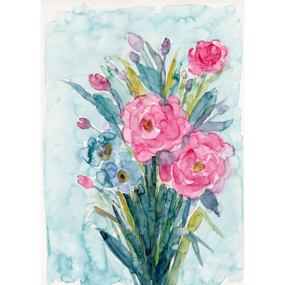 Pink Blue Flowers - Wrapped Canvas Painting