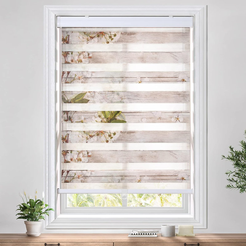 Store à enroulement zébré sans cordon à double couche avec motif imprimé, Sable avec fleurs, L 20 po x L 72 po