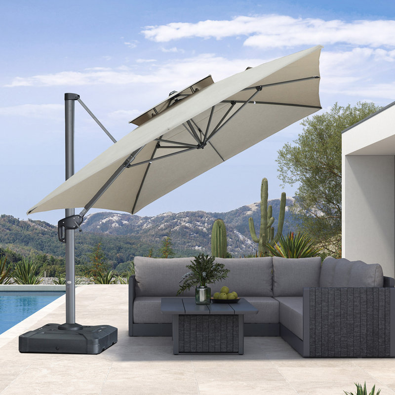 Parasol carré extérieur robuste à double dessus décalé 10 pi x 13 pi, tissu de qualité supérieure, avec base, taupe