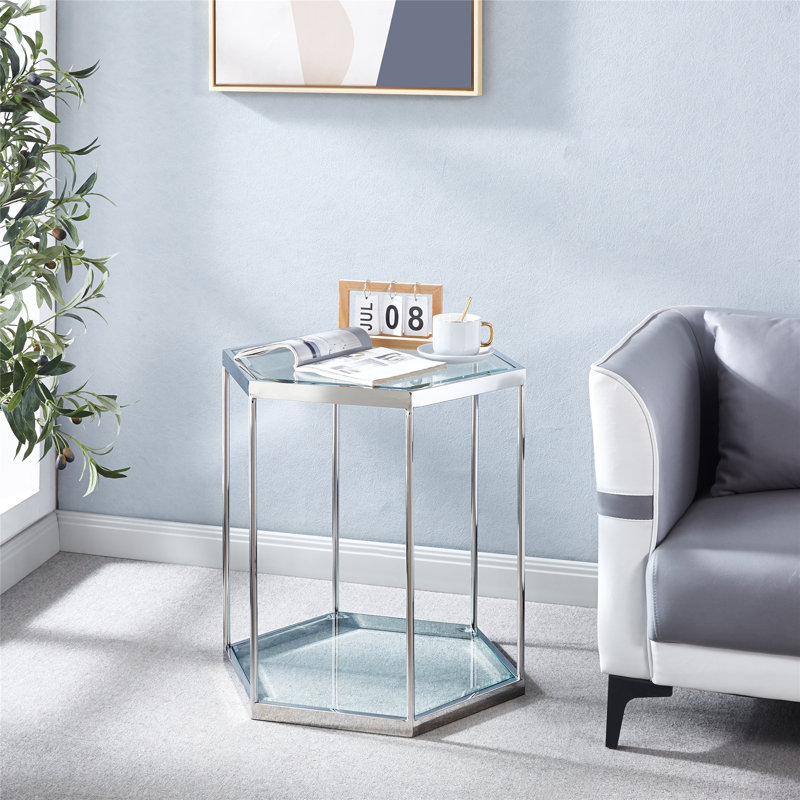 Table de bout en verre, table d'intérieur, table de chevet, table de chevet avec cadre en acier inoxydable, Argent argent