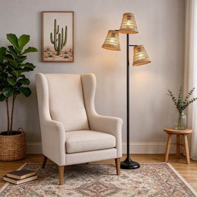72" Boho Rattan Tree Floor Lamp, 3-Light Farmhouse Industrial Black Standing Lamp with Woven Shade for Living Room, Bedroom, Home (Bulbs Not Included)