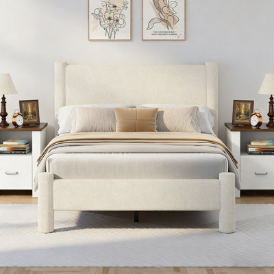Boucle Upholstered Platform Bed with 2-Piece Farmhouse Rustic Oak Nightstand Set – 3-Piece Bedroom Suite