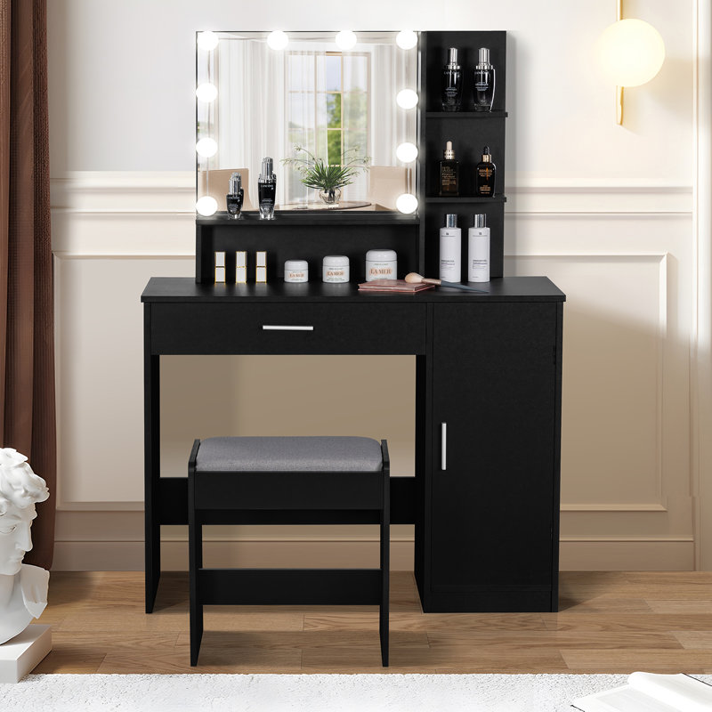 Ensemble coiffeuse avec tabouret et miroir Dasher, Noir