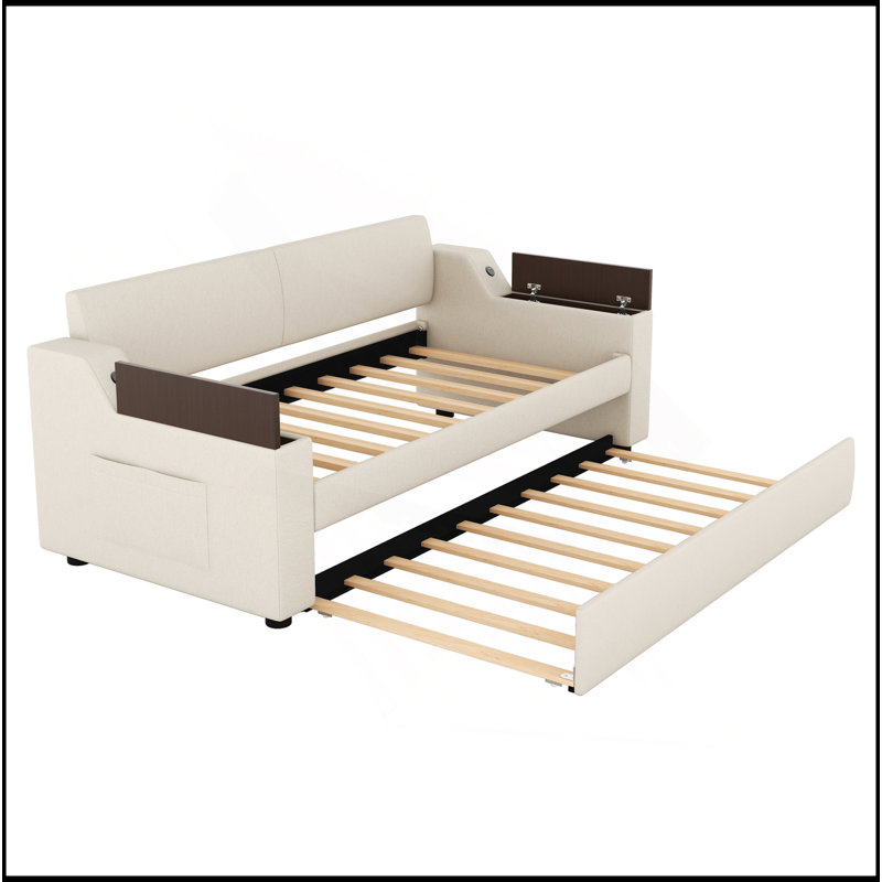 Lit de jour simple rembourré avec accoudoirs de rangement, gigogne et design USB, beige