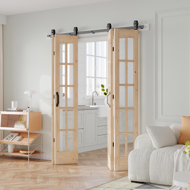 Porte pliante en verre et bois massif avec quincaillerie d'installation, 4, 60 po x 84 po
