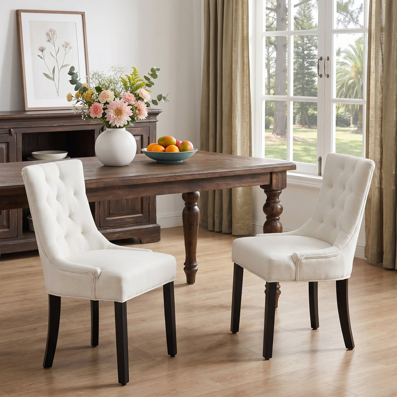 Modern Tufted Linen Upholstered Dining Chairs(Set of 2), Beige