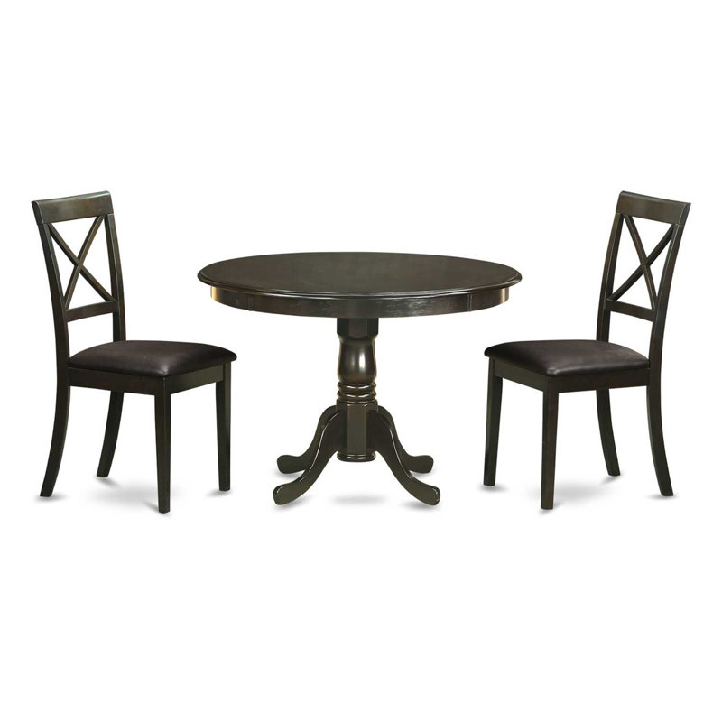 Ensemble de table de salle à manger 3 pièces pour petits espaces comprenant une table ronde avec piédestal et 2 chaises en similicuir, Cappuccino