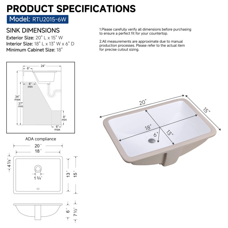 Ensemble de meuble-lavabo rectangulaire encastré en céramique 20 po x 15 po Wells Sinkware, Blanc