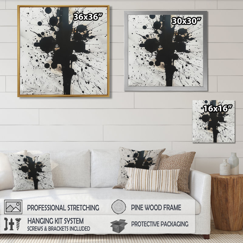 Apparition, noir et blanc, minimalisme - encre liquide, art mural abstrait, Toile avec cadre flottant noir