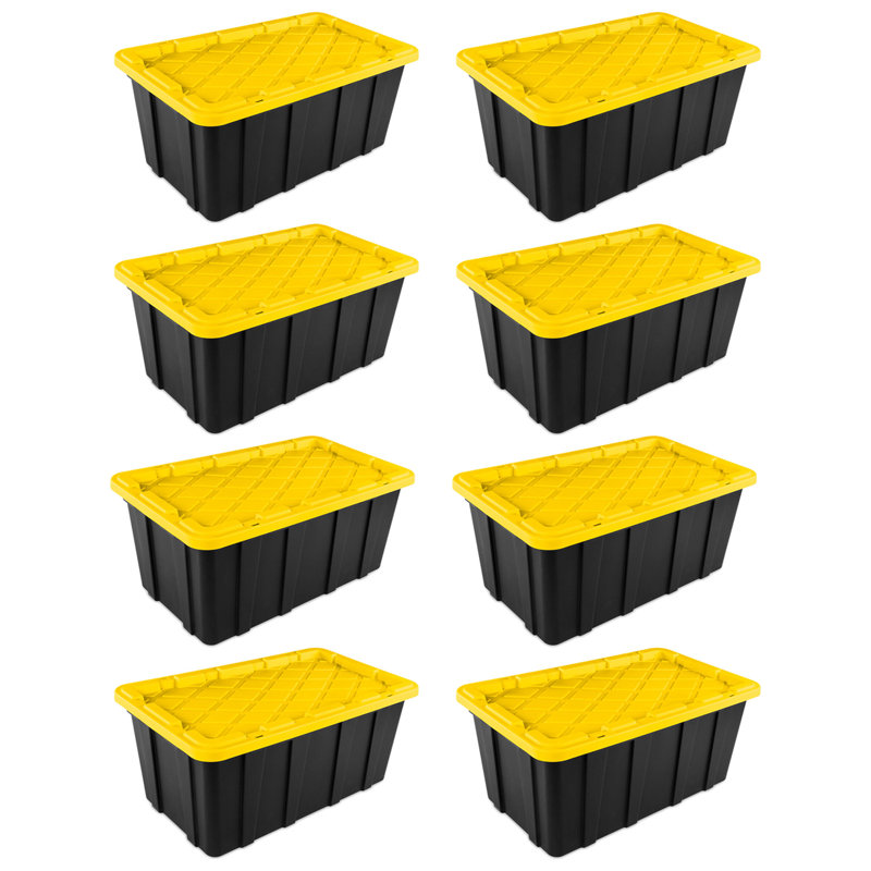 Sterilite Industrial Stackable Storage Tote Lidded Containers, 8 Pack, Black/Yellow, 38 Gallon