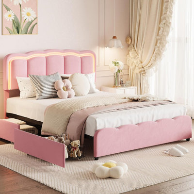 Bed Frame with 2 Drawers & LED Lights – Upholstered Platform, Adjustable Headboard, No Box Spring