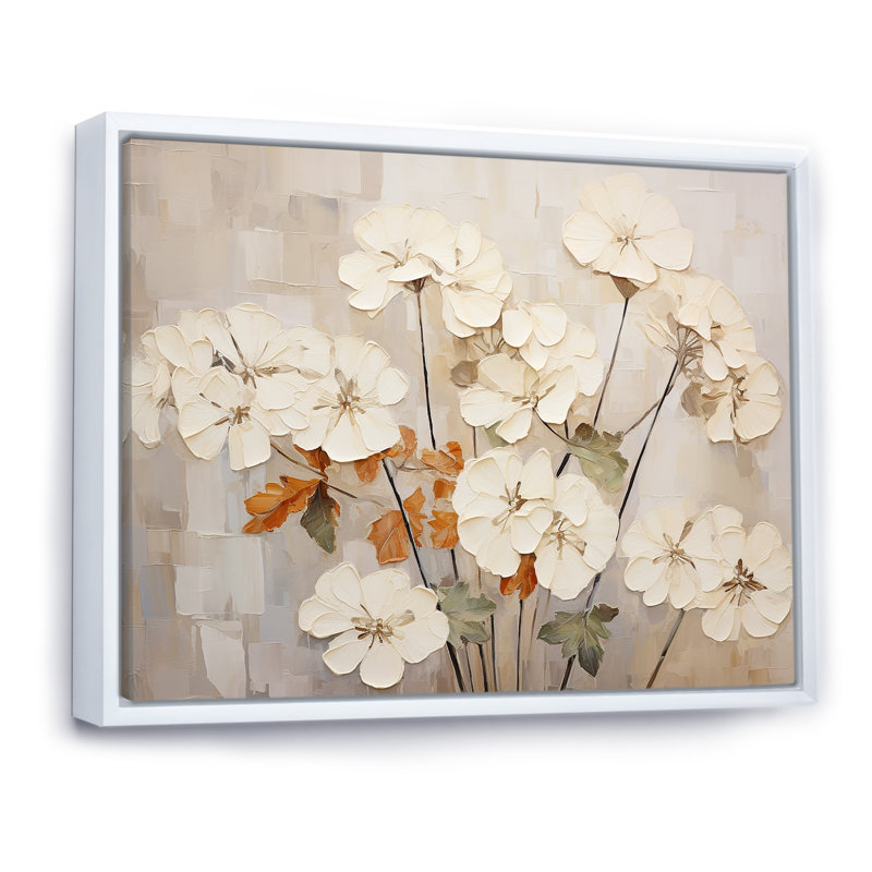 " Minimalism Beige Geraniums II ", 34" H x 44" W x 1.5" D, White Floater Framed