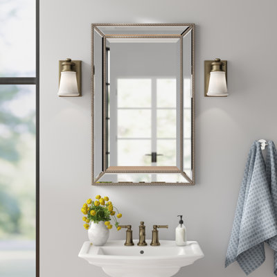 Metro Beaded 20x32" Champagne Silver Beveled Framed Decorative Accent Vintage Wall Mirror for Bathroom Vanity, Entryway, Powder Room