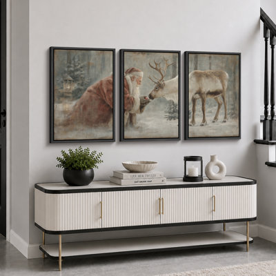 Père Noël et renne, art de Noël, photos de salon, impression sur toile encadrée, 3 pièces, 16 po x 24 po x 3 pièces, 24 po x 36 po x 3 pièces