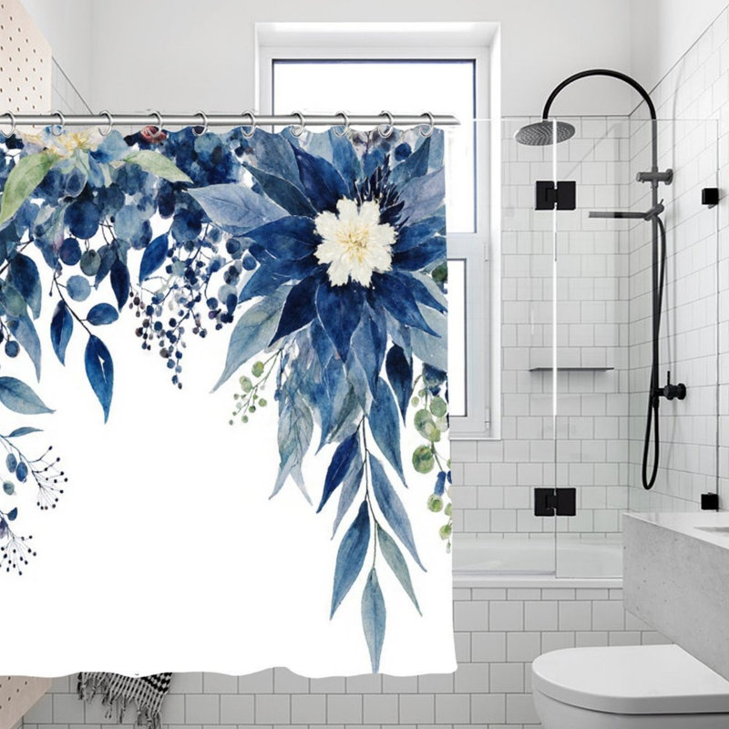 Rideau de douche aquarelle floral bleu L 72 po x l 72 po, fond botanique