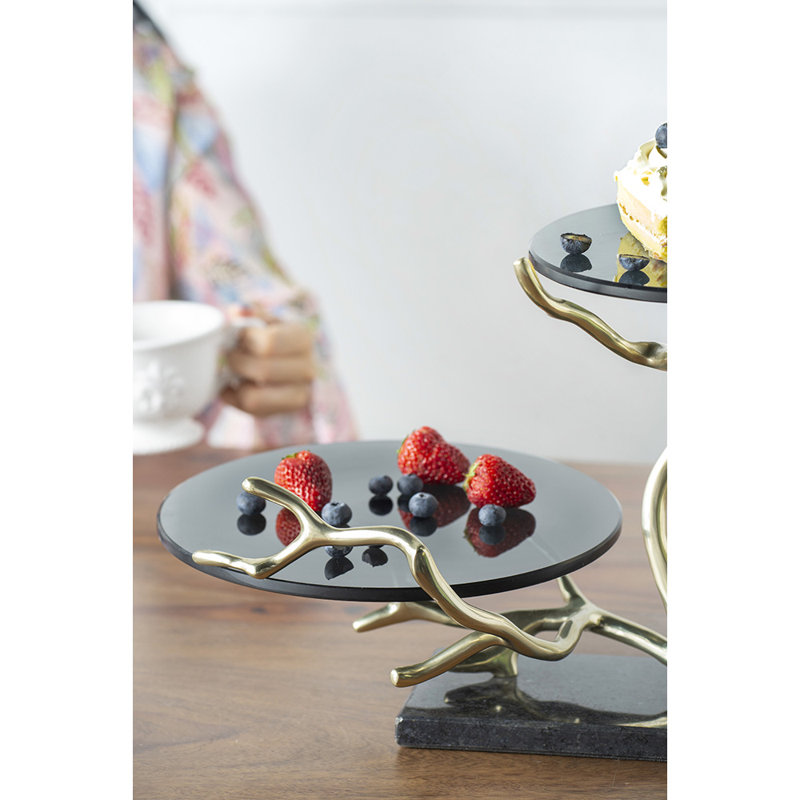 Two-Tier Gold Branch Cake Stand with Black Glass Trays and Granite Base for Display