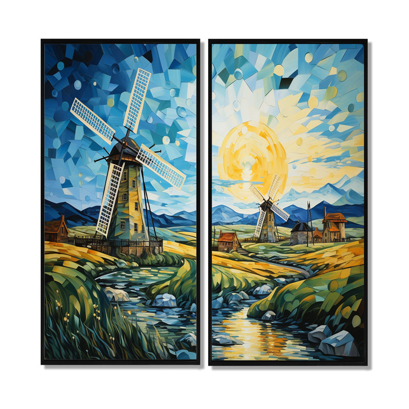 «Blue Calm Windmill Meadows», art mural industriel, 32" H x 32" W, Black, Impression encadrée flottante